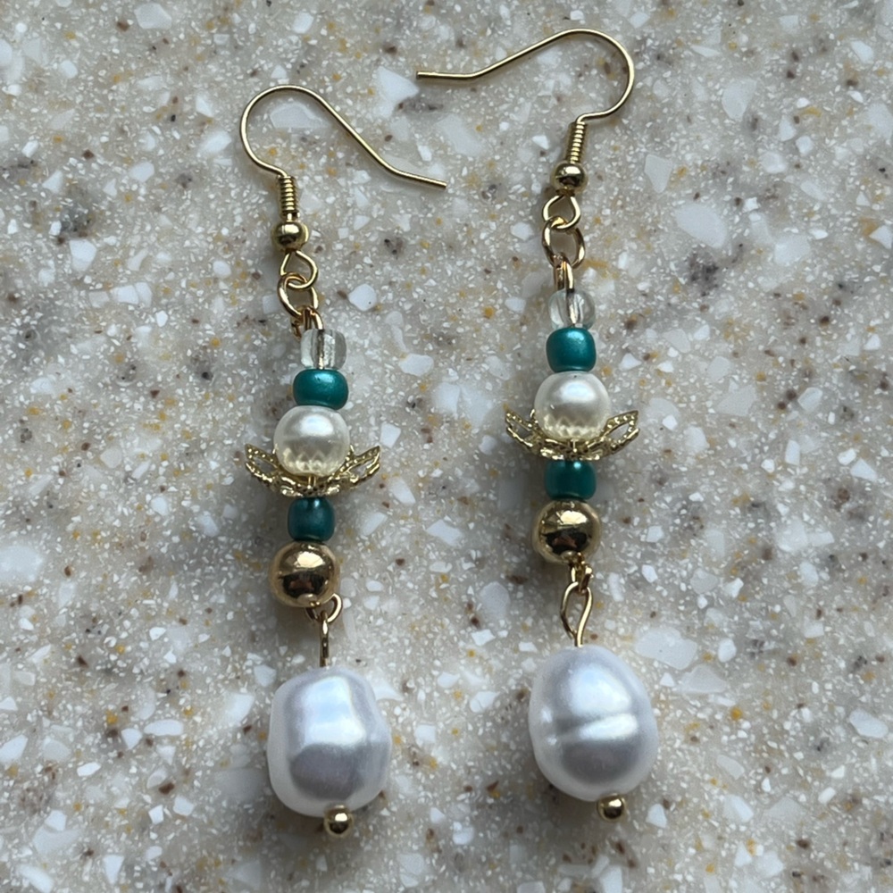 Gold and Pearl Dangle Earrings with Teal Accents